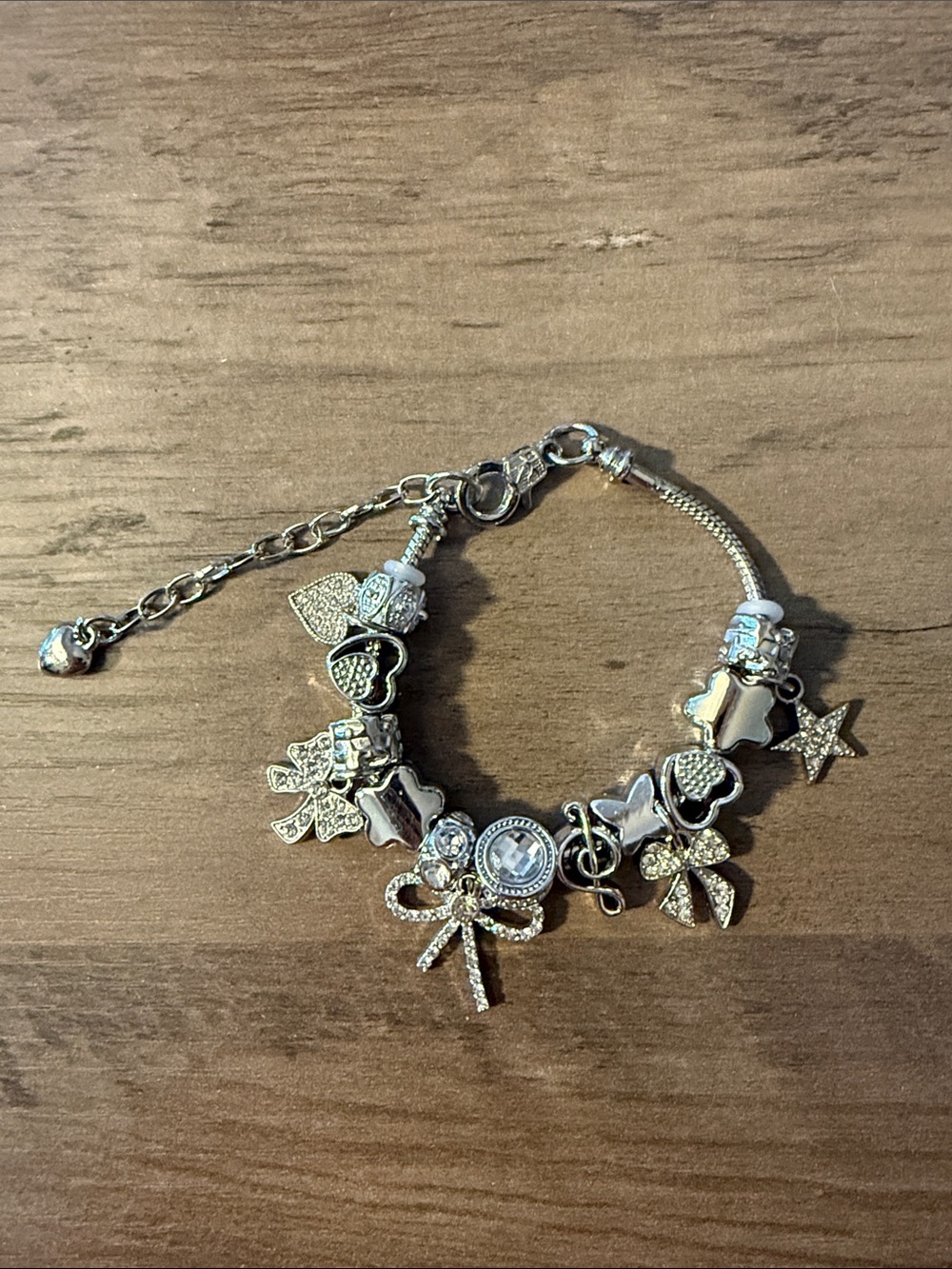 Silver Charm Bracelet with Bow & Star Accents Stainless Steel Adjustable